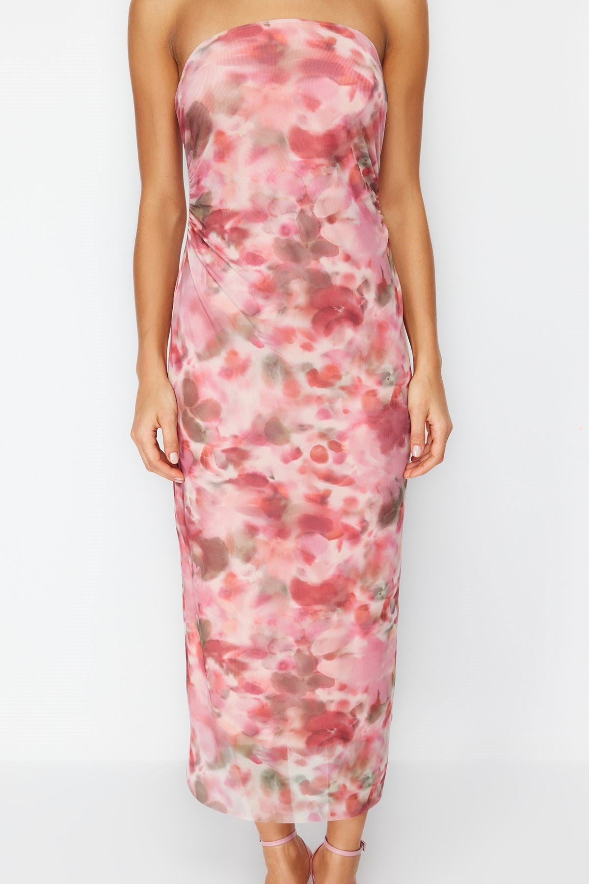 Pink Ruffle/drape Detailed Abstract Patterned Body Fit Maxi Flexible Knitted Pencil Dress Twoss24el0