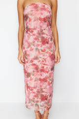 Pink Ruffle/drape Detailed Abstract Patterned Body Fit Maxi Flexible Knitted Pencil Dress Twoss24el0