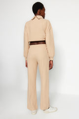 Beige Thessaloniki Fabric Rib Detailed Pockets Wide Straight/plain Knitted Sweatpants Twoaw24ea00021