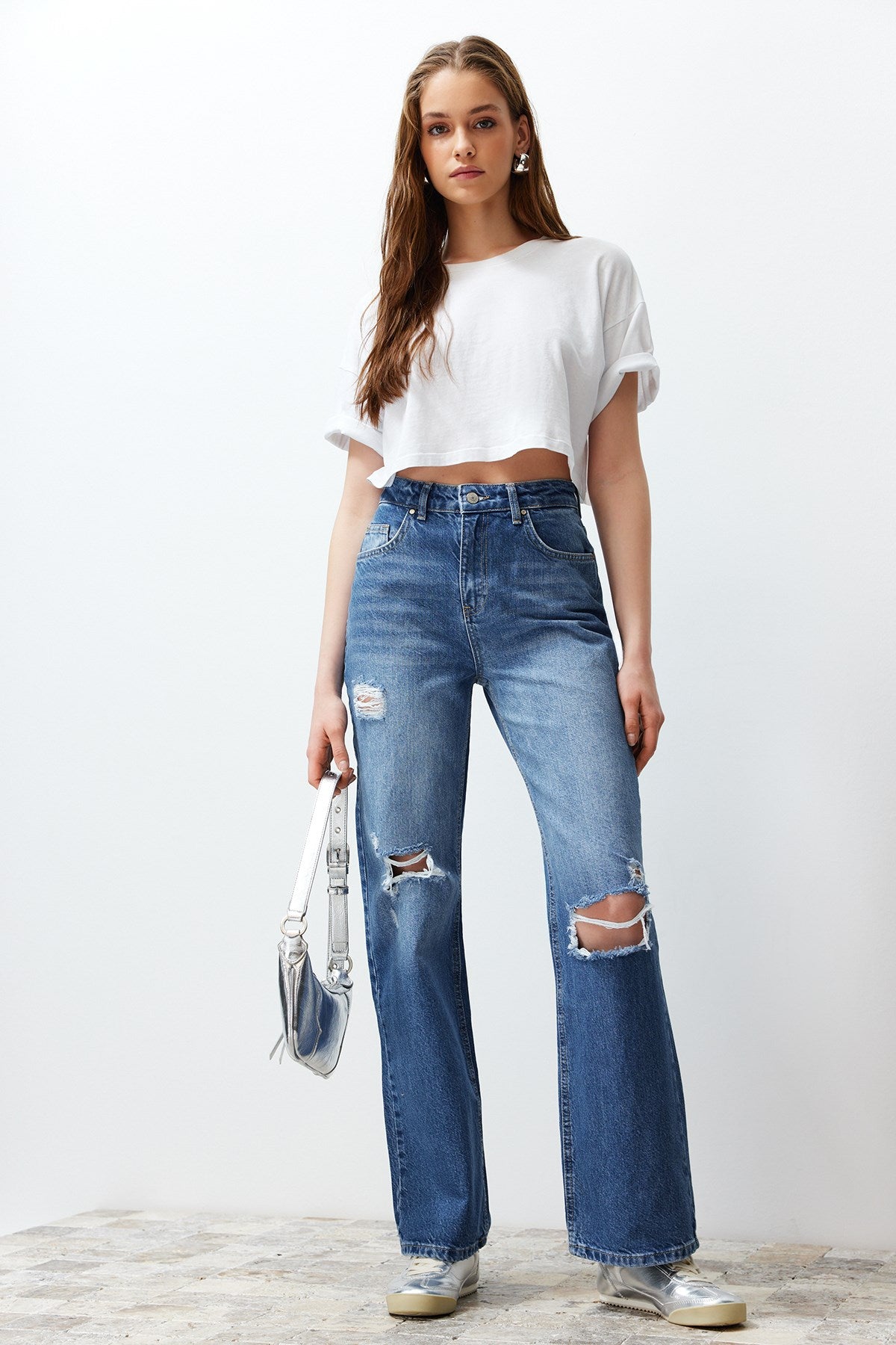 Blue Ripped High Waist Wide Leg Jeans Twoss24je00199