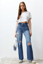 Blue Ripped High Waist Wide Leg Jeans Twoss24je00199