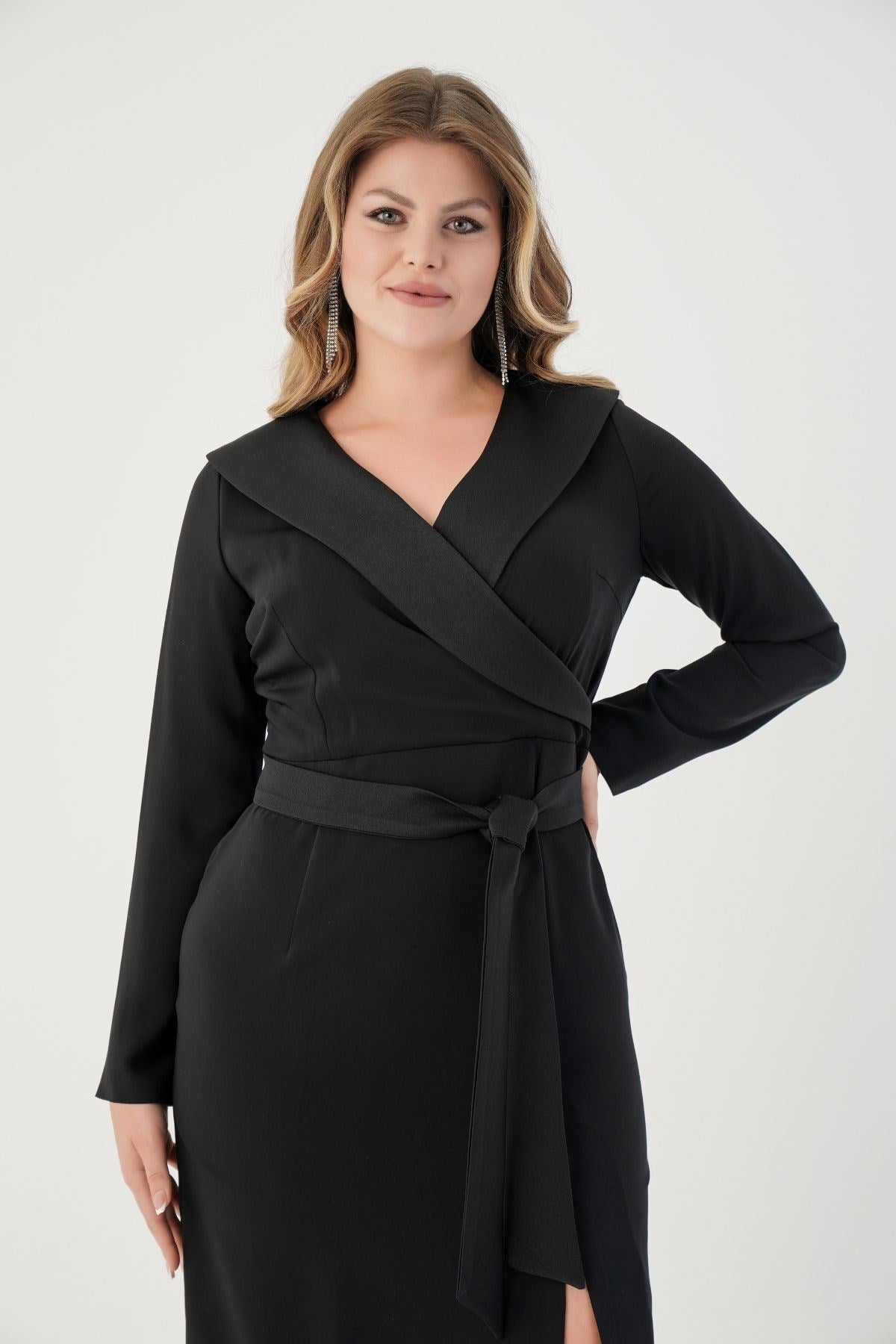 Plus Size Double Neck Front Slit Detailed Long Sleeve Dress B/7620 230440074