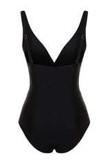 Black V Neck Draped Regular Swimsuit Tbess24ma00090