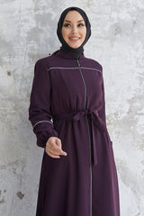 Milena Biye Detail Belted Abaya - Plum Ms00tz7035