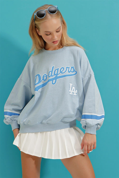 Women's Sky Blue Crew Neck Dodgers Printed Sleeve Striped Sweatshirt Alc-x8960