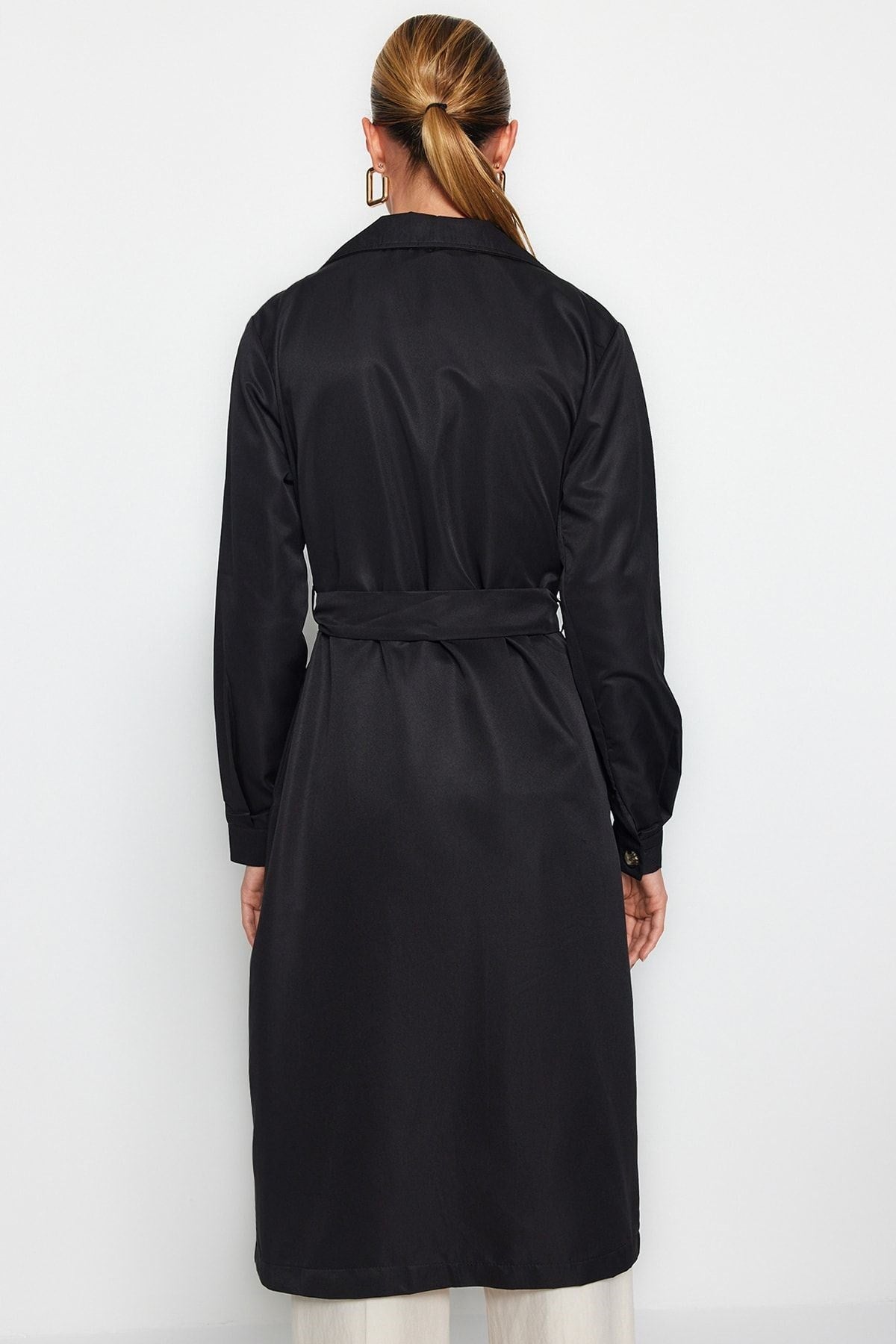 Black Belted Water Repellent Long Trench Coat Twoaw24tr00003