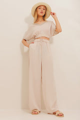 Women's Light Beige Collar Striped Crop Top And Palazzo Pants Suit Alc-x10652