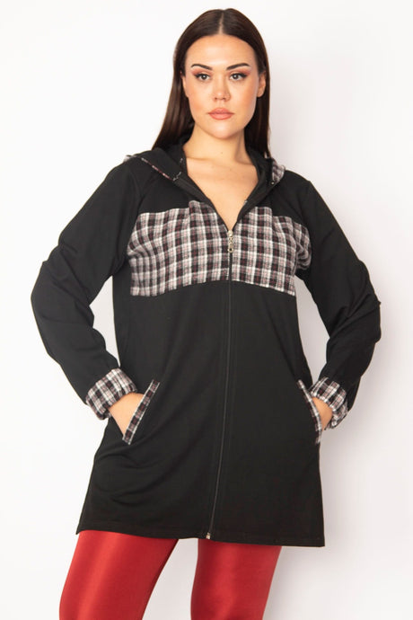 Women's Plus Size Black Plaid Pattern Detailed Hooded Coat 65n29568 65n29568