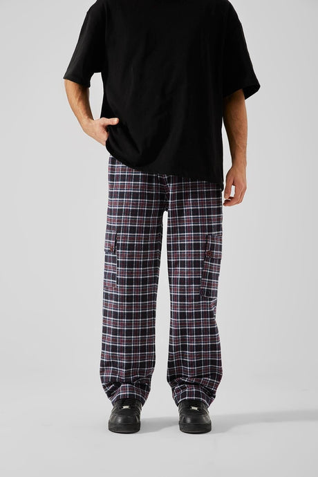 Plaid Pattern Gray Cargo Pocket Pajamas Flaw-148-002-073