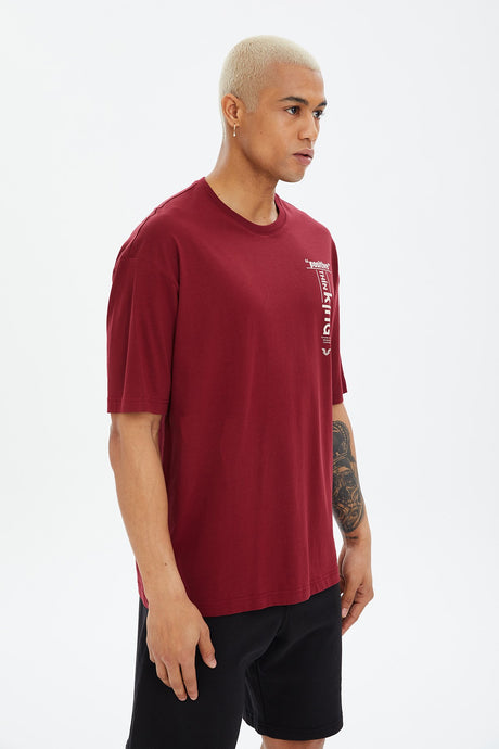 Men's Burgundy 100% Cotton Crew Neck Solid Color Printed Oversize Casual Fit Long Sleeve T-shirt 068