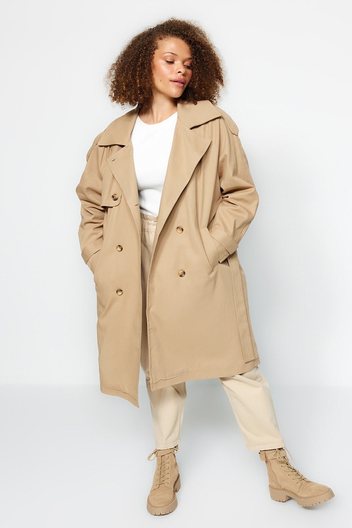 Beige Waist Belted Gabardine Trench Coat Tbbaw24bm00002