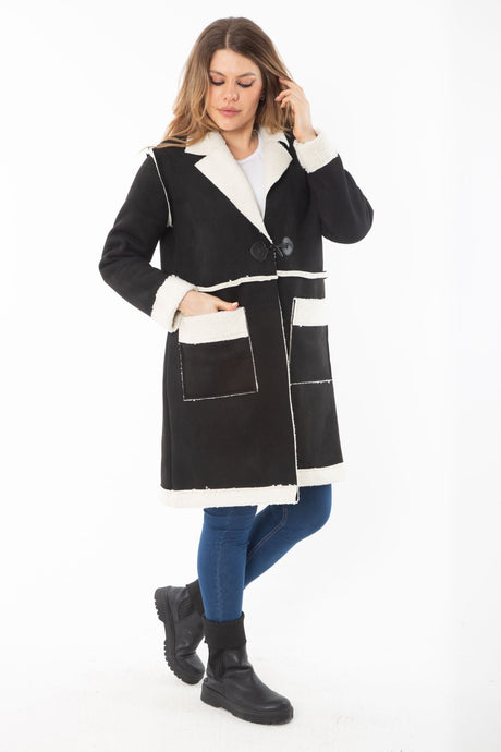 Women's Plus Size Black Inner Fur Shepherds Buttoned Nubuck Coat 65n37283