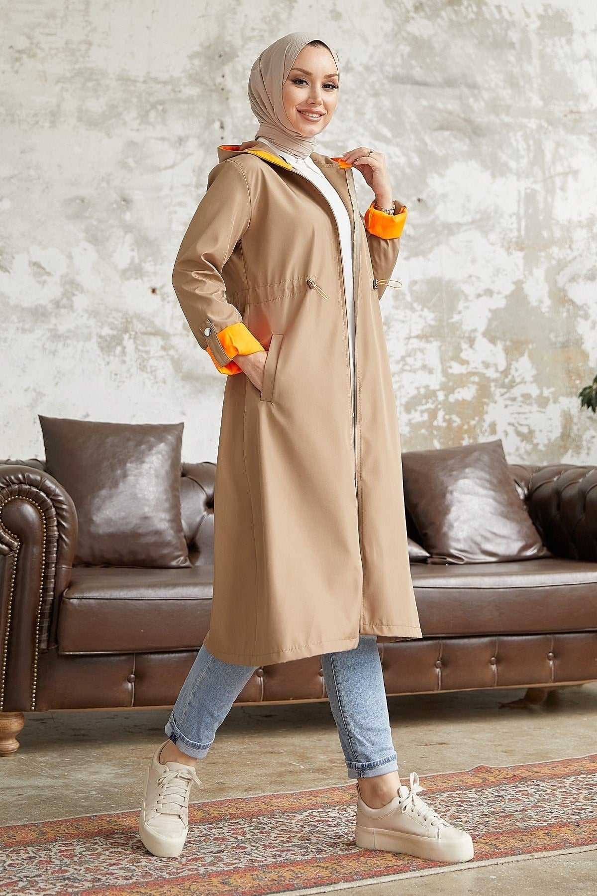 Neon Trench Hooded Sweatshirt At Waist - Taba\ Orange Ms00or12093