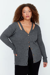 Blue V Neck Band Detailed Buttoned Knitwear Cardigan Tbbaw23av00086