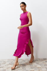 Fuchsia Bodycone Zero Sleeve Slit Ruffle Detailed Flexible Thick Sandy Maxi Pencil Dress Twoss24el00