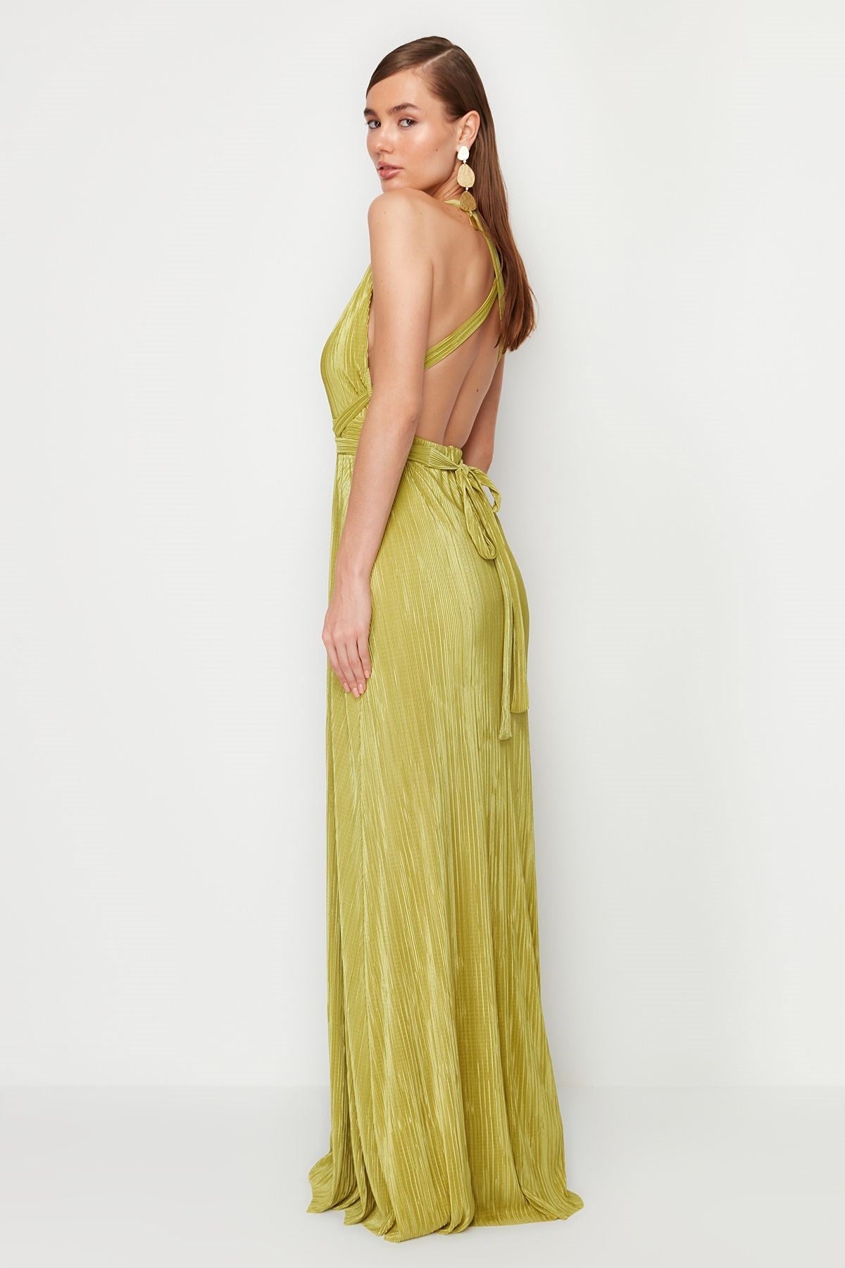 Oil Green Pleated Belt Detailed Knitted Long Night Evening Dress Tprss24ae00020