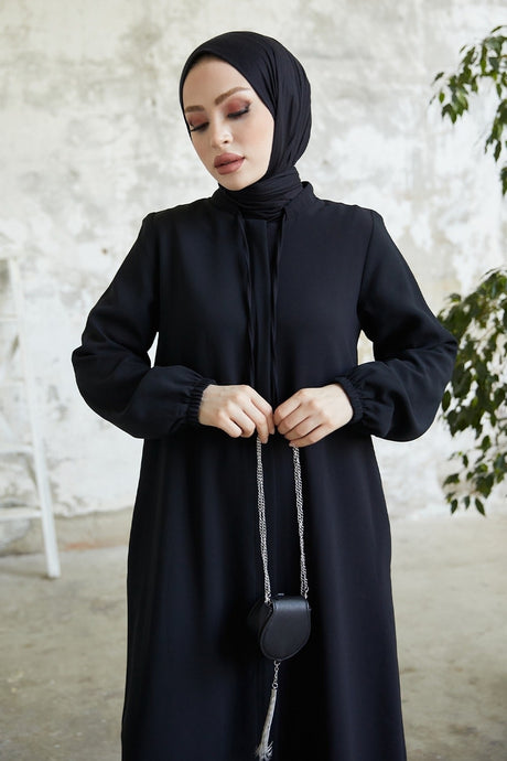 Hidden Patched Abaya With Lace-up Collar - Black Ms00tp00054