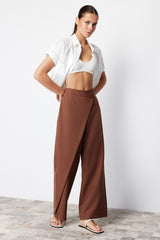 Brown Wide Leg/wide Leg Cross Closure Detailed Woven Pants Twoss24pl00092