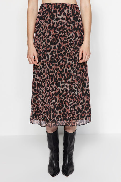 Multicolor Leopard Pattern Lined Tulle A Cut/bell Form Midi Knitted Skirt Twoaw24et00130