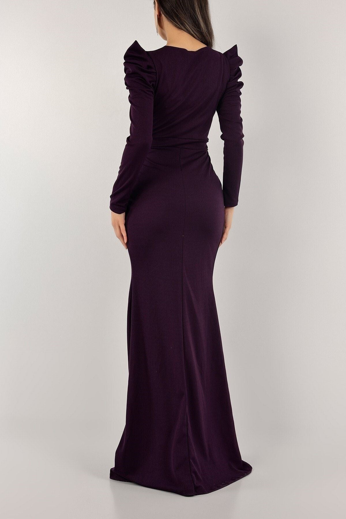 Deep Slit Long Sleeve Plastic Chain Detailed Evening Dress And Graduation Dress 582260 722 Mat-722