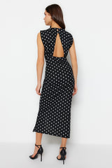 Black Polka Dot Back Neckline Slit Detailed Maxi Flexible Knitted Pencil Dress Twoss23el02326