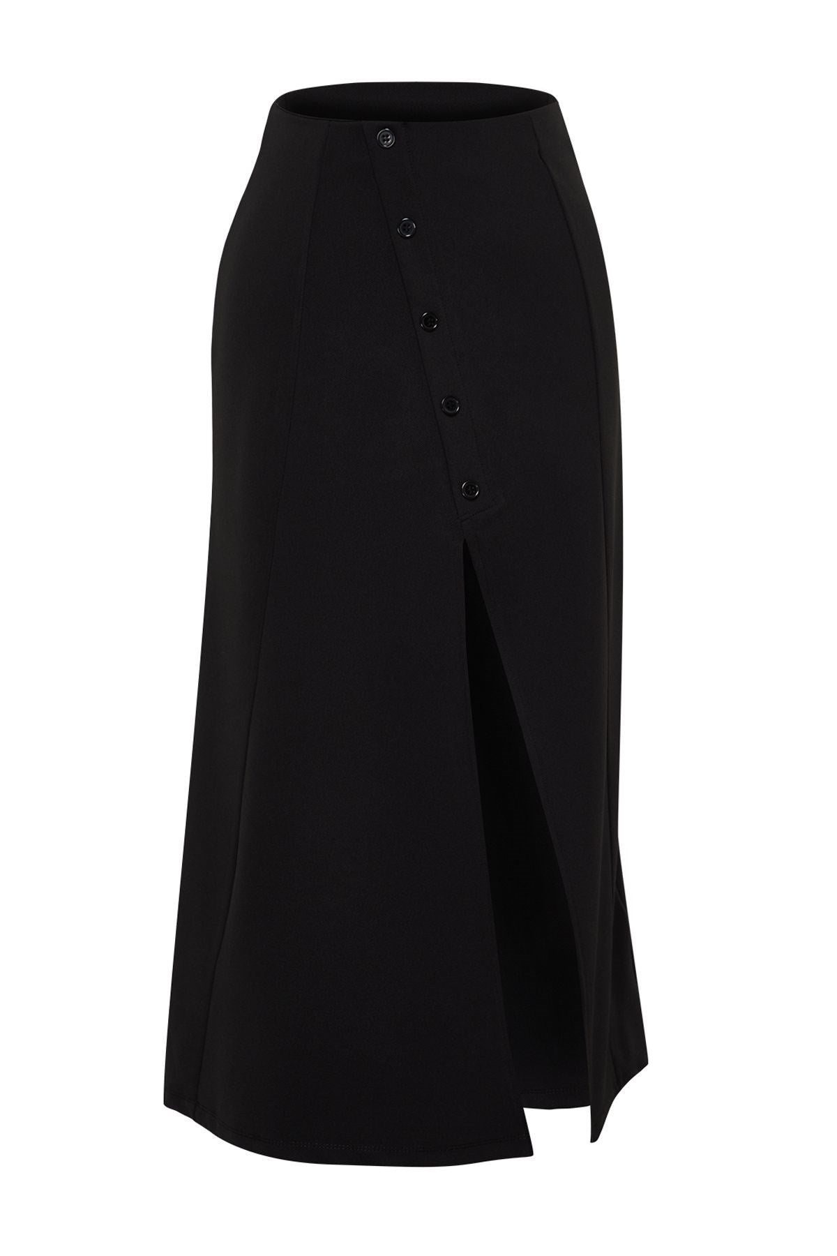 Black Asymmetric Buttoned Slit Knit Skirt Twoss24et00143