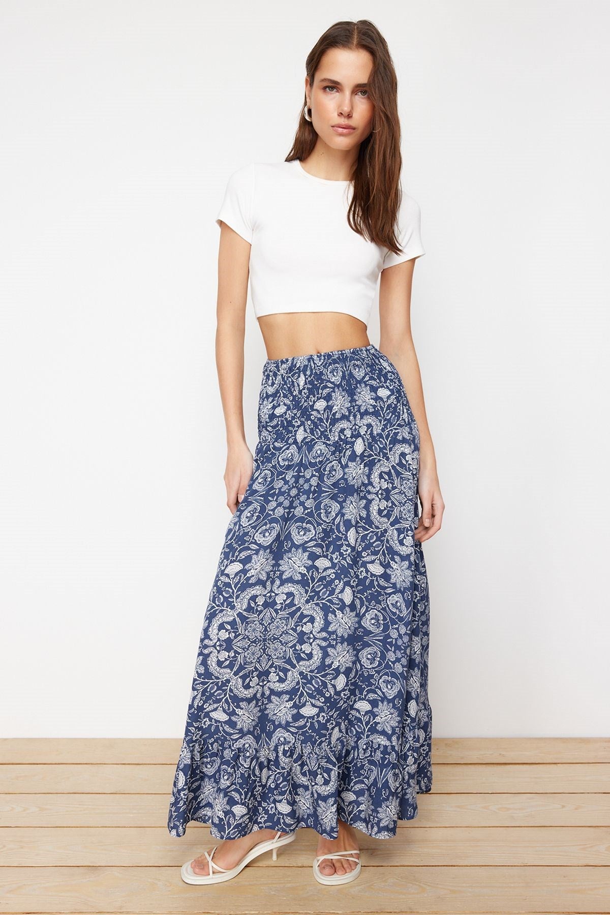 Navy Blue Floral Printed Midi Woven Skirt Twoss24et00184