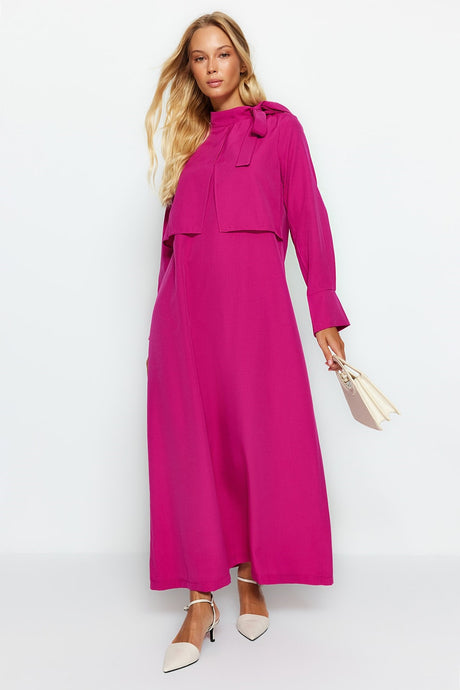 Pink Collar Drawstring Detailed Woven Dress Tctss23eb00283