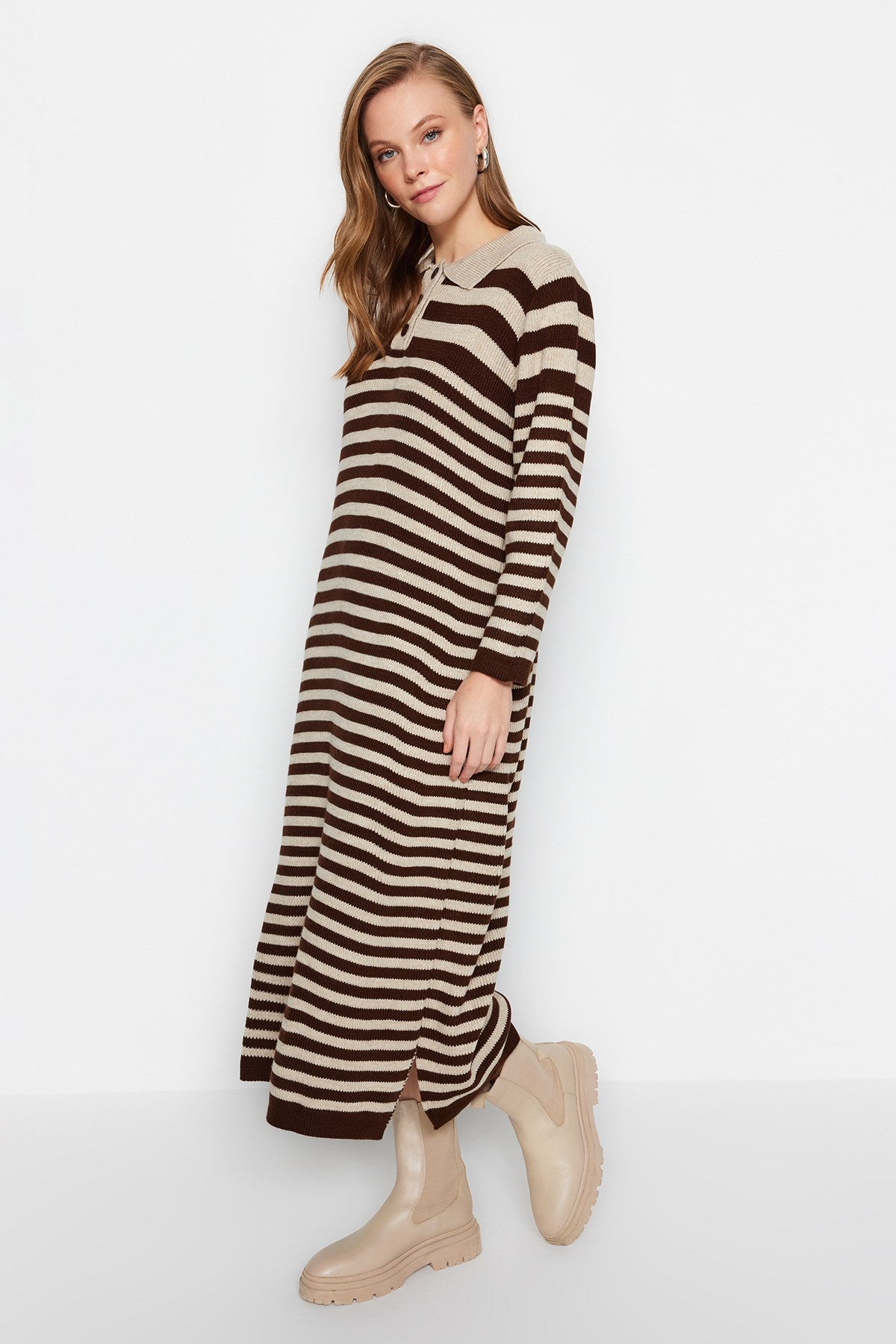 Black Polo Neck Striped Knitwear Dress Tctaw24eb00026