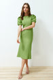 Green Body Wrapping Balloon Sleeve Midi Woven Dress Twoss24el00502