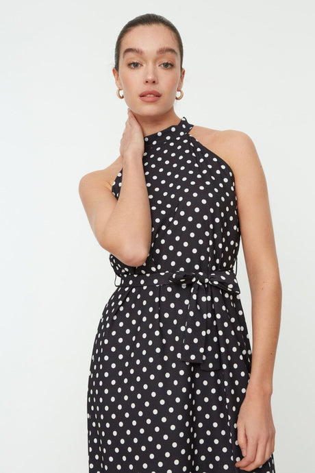 Black Belted Polka Dot A Cut Midi Woven Dress Twoss19yd0032