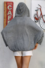 Grey Hooded Long Sleeve Solid Color Buttoned Double Pockets Wash Woven Hooded Jacket M10210100ce9837