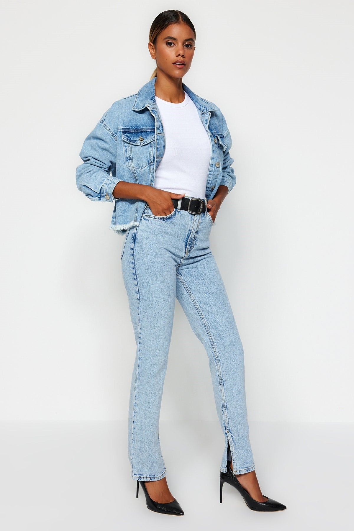 Blue Slit High Waist Straight Jeans Twoss22je0430