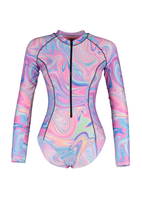 Abstract Patterned Zipper Long Sleeve Surf Swimsuit Tbess21ma0034