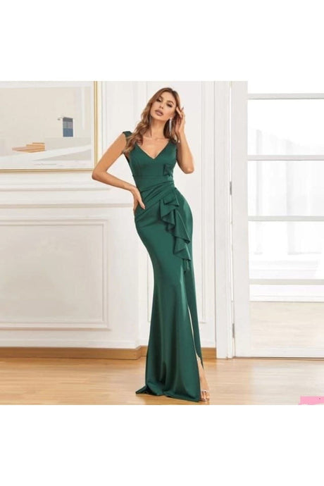 Green Stretch Fabric Waist Flounce Detail Slit U Neckline Evening Dress And Graduation Dress 582054