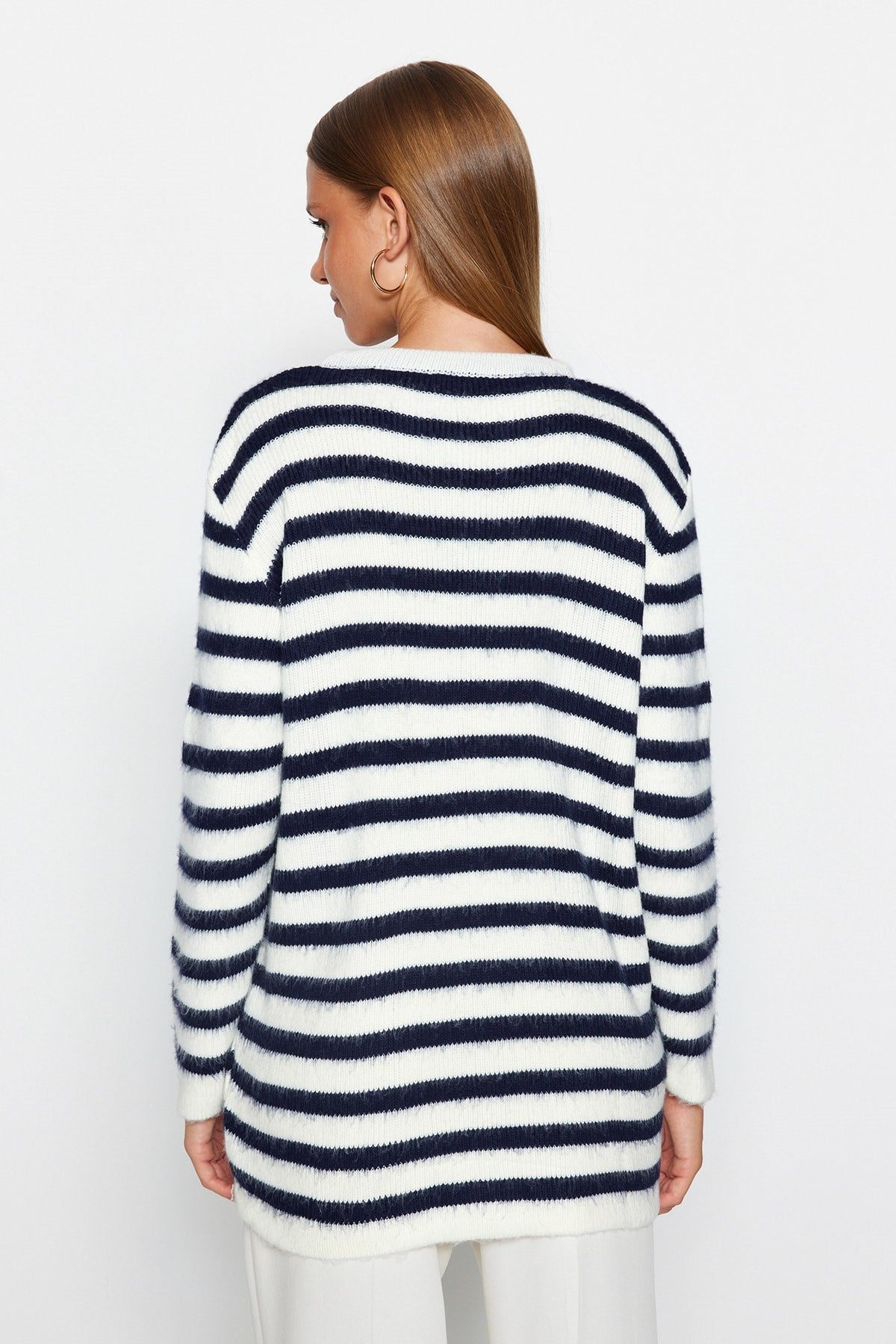 Ecru Navy Striped Gold Button Detailed Soft Textured Knitwear Cardigan Tctaw24th00046