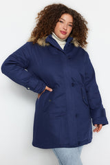 Navy Blue Fur Hooded Coat Tbbaw24aw00022