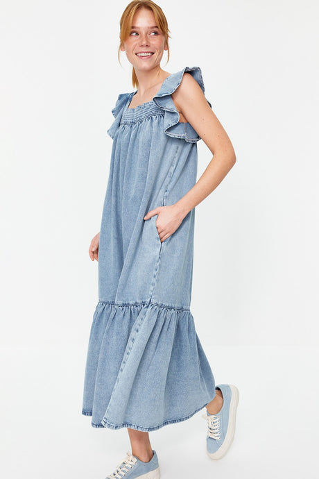 Light Blue Ruffled Oversize Maxi Denim Dress Twoss24el00368