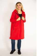 Women's Plus Size Red Inside Charcoal Fleece Fabric Front Zipper Kangaroo Pocket Hooded Coat 65n3465