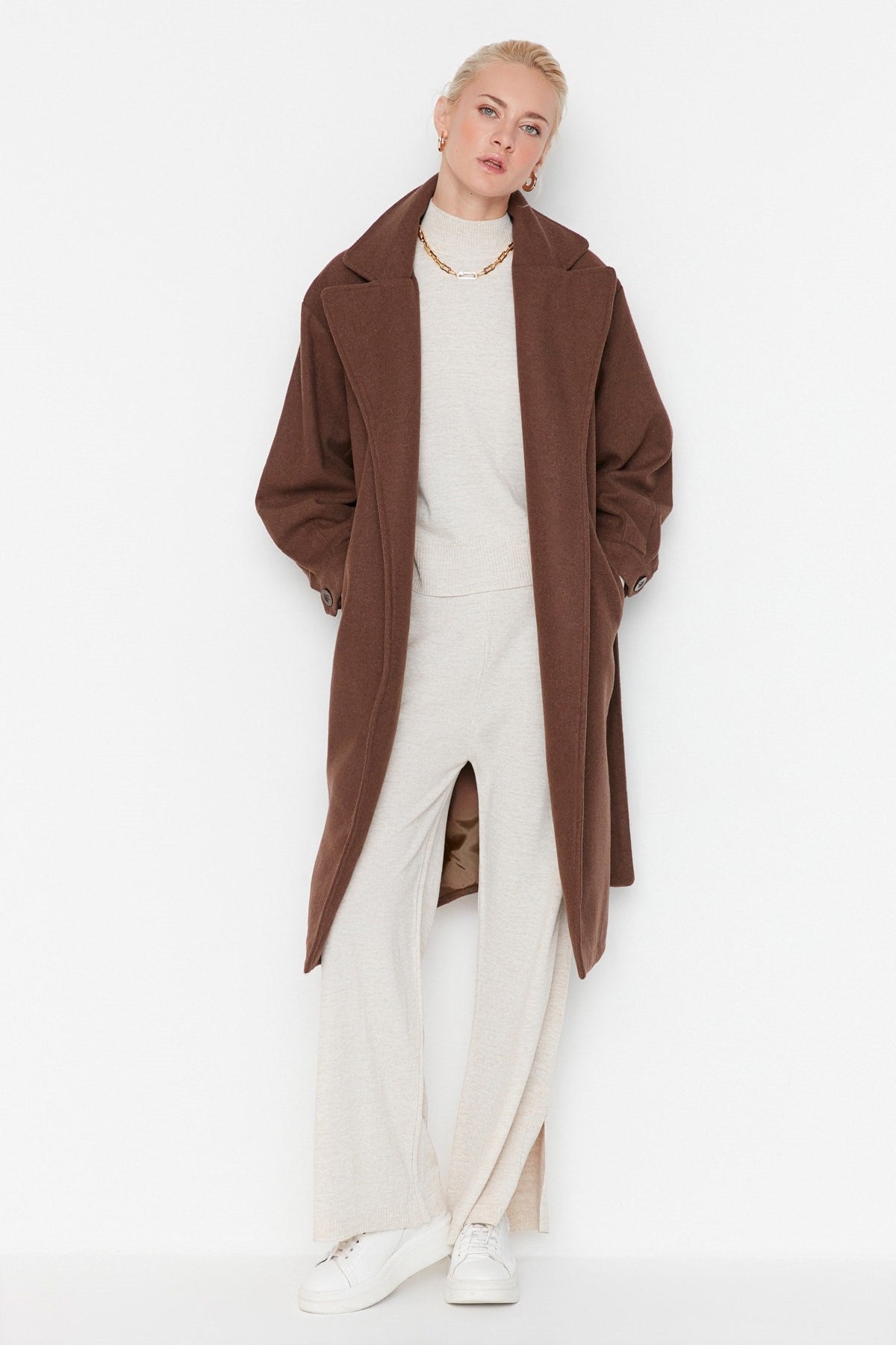 Stone Round Belt Long Woolen Cashmere Coat Twoaw20kb0029