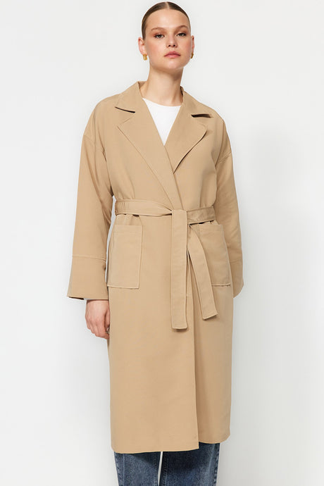 Beige Oversize Wide Cut Belted Sleeve Detailed Pockets Water Repellent Long Trench Coat Twoaw24tr000