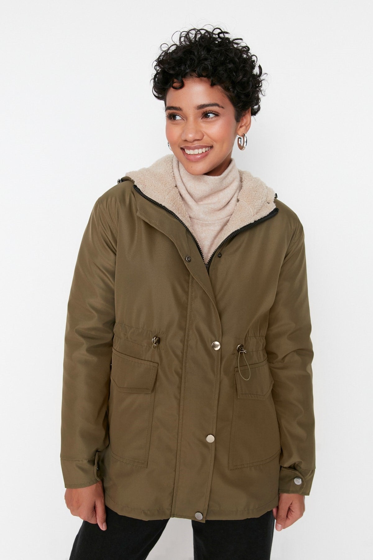 Khaki Hooded Fur Parka Twoaw21kb0065