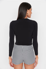 Black Sleeve Ruffle Detailed Fitted/fitted Crew Neck Crop Stretch Knitted Blouse Twoaw23el01391