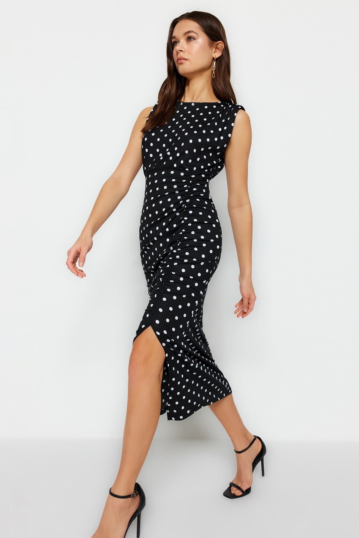 Black Polka Dot Back Neckline Slit Detailed Maxi Flexible Knitted Pencil Dress Twoss23el02326