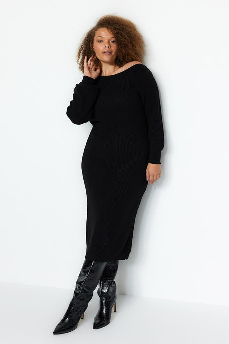 Black Asymmetric Detailed Knitwear Dress Tbbaw24ah00002