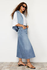 Blue Flounce Stitching Detailed High Waist Maxi Denim Skirt Twoss24et00012