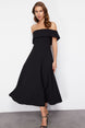 Black Collar Detailed Waistband/skater Woven Elegant Evening Dress Tprss24el00210