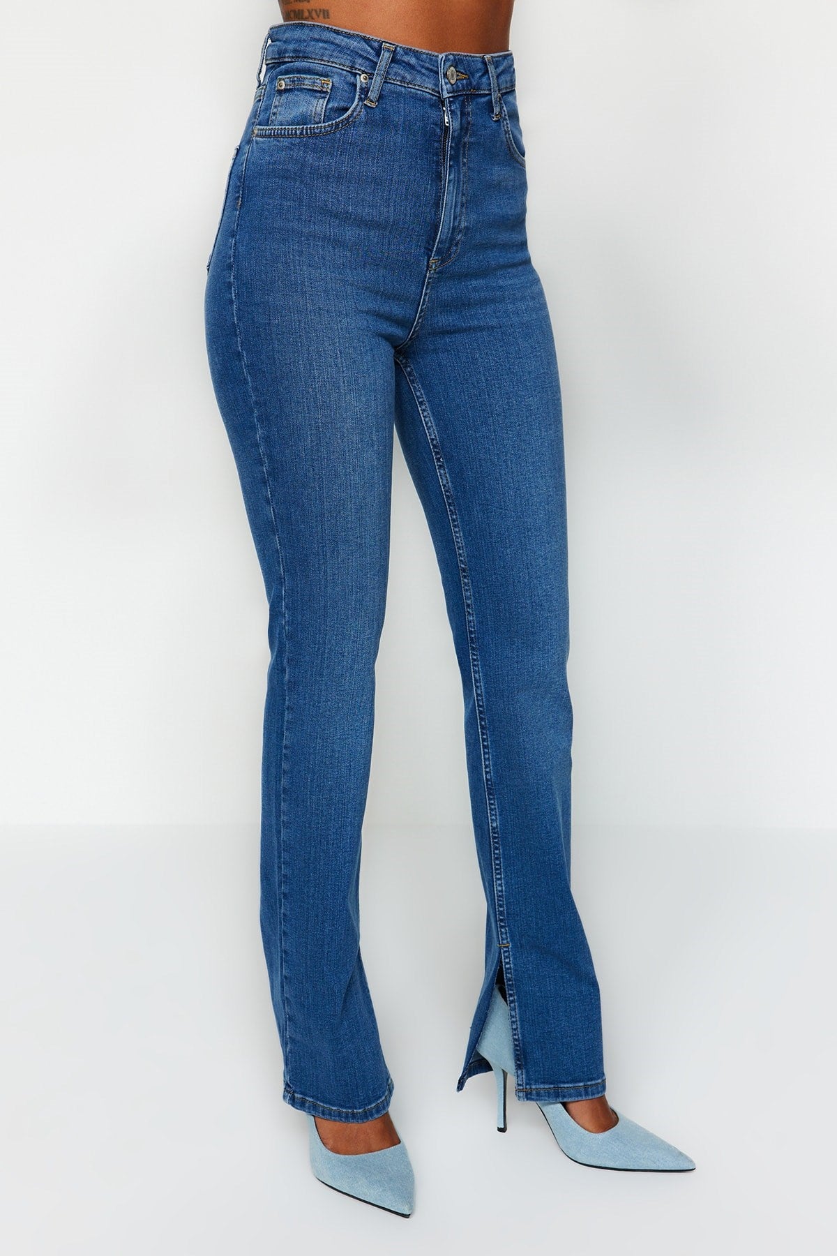 Dark Blue Slit Super High Waist Slim Flare Jeans Twoss22je0643