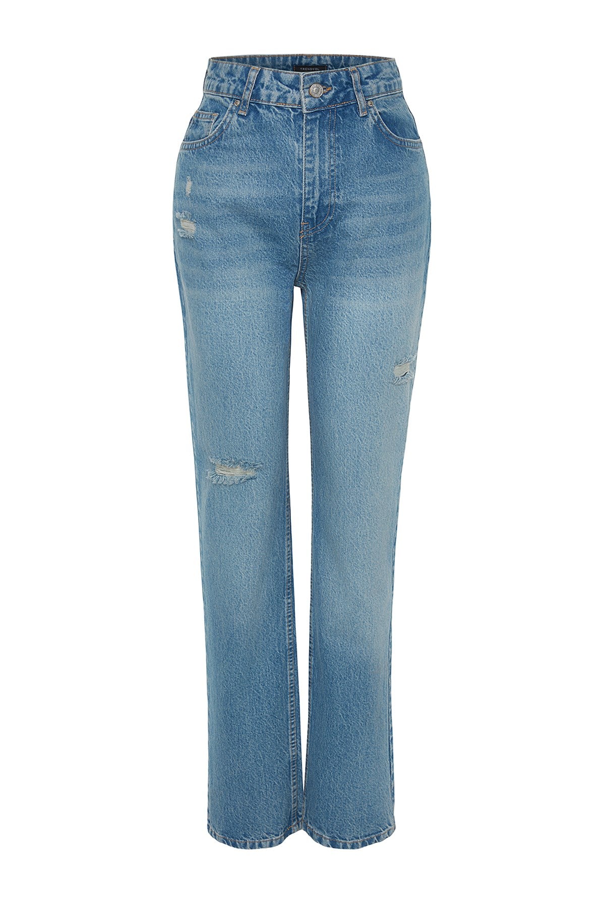 Blue Ripped High Waist Long Straight Jeans Twoaw24je00033