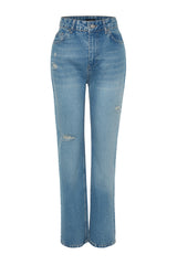 Blue Ripped High Waist Long Straight Jeans Twoaw24je00033